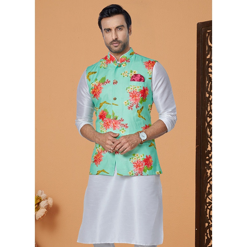 Mint Green Full Sleeves Mandarin Collar Waistcoat - JD986581744