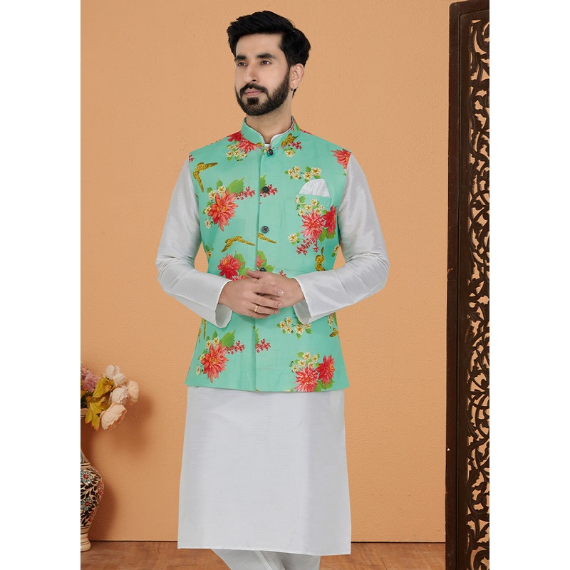 Mint Green Full Sleeves Mandarin Collar Waistcoat - JD986581745