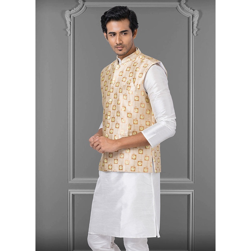 Multicolor Dupion Silk Full Sleeves Mandarin Collar Waistcoat - JD986581568