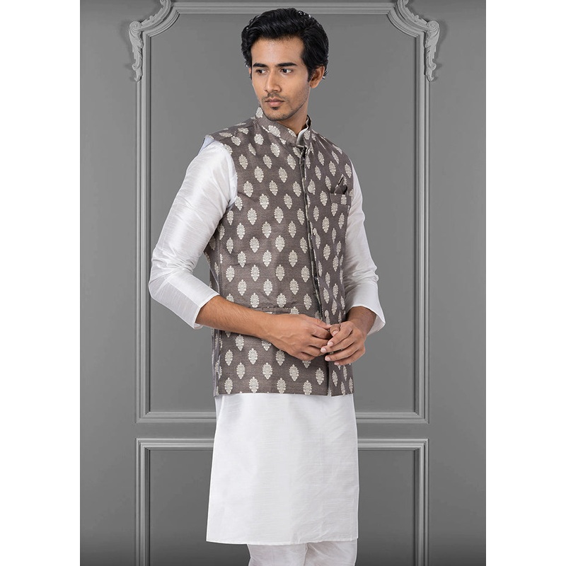 Multicolor Dupion Silk Full Sleeves Mandarin Collar Waistcoat - JD986581569