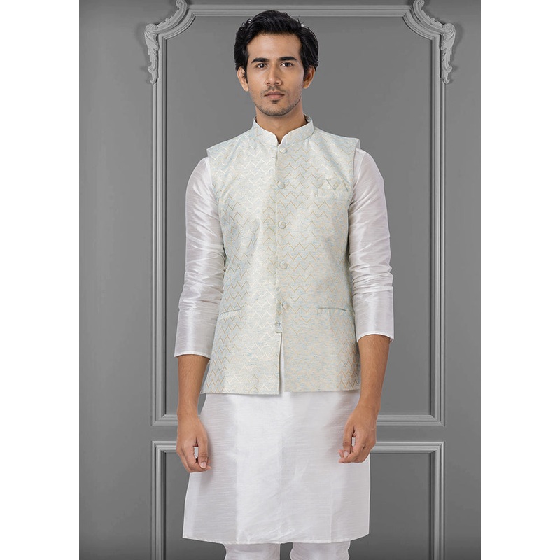 Multicolor Dupion Silk Full Sleeves Mandarin Collar Waistcoat - JD986581570
