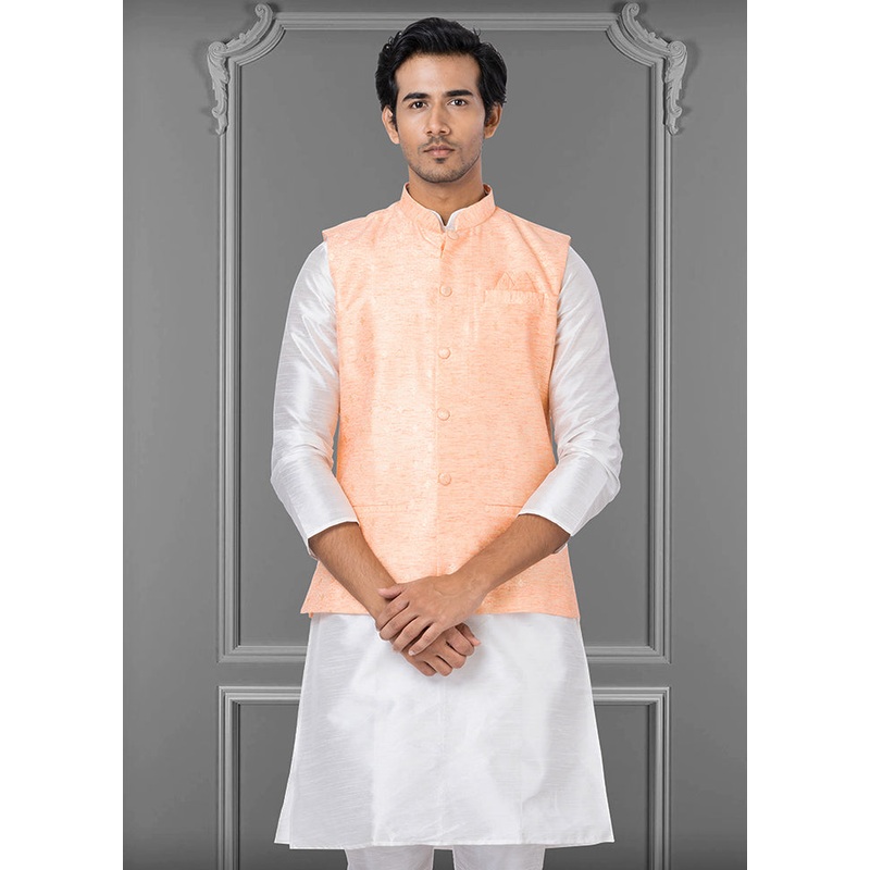 Multicolor Dupion Silk Full Sleeves Mandarin Collar Waistcoat - JD986581571