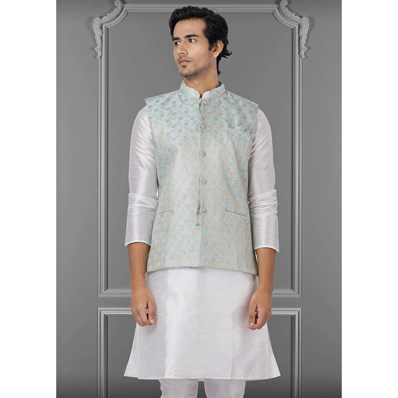 Multicolor Dupion Silk Full Sleeves Mandarin Collar Waistcoat - JD986581572