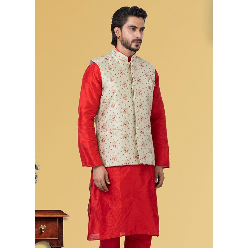 Multicolor Dupion Silk Full Sleeves Mandarin Collar Waistcoat - JD986581573