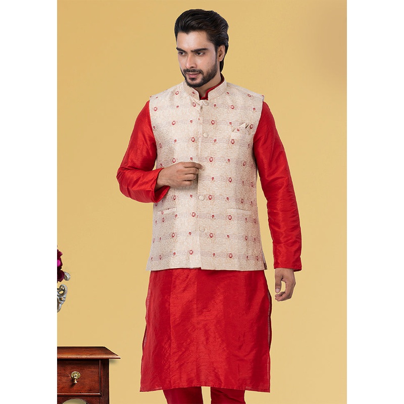 Multicolor Dupion Silk Full Sleeves Mandarin Collar Waistcoat - JD986581574