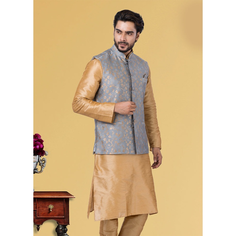 Multicolor Dupion Silk Full Sleeves Mandarin Collar Waistcoat - JD986581575