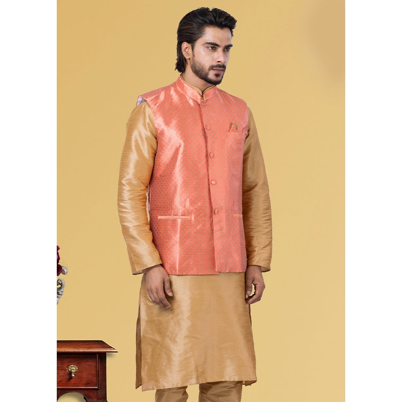 Multicolor Dupion Silk Full Sleeves Mandarin Collar Waistcoat - JD986581576
