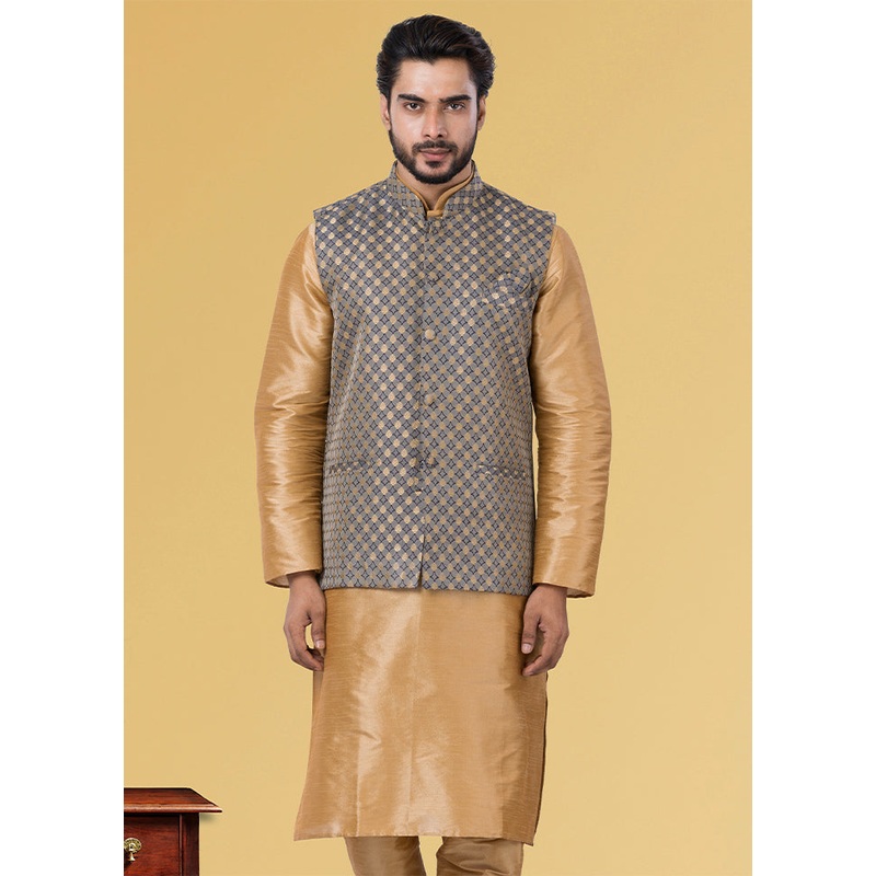 Multicolor Dupion Silk Full Sleeves Mandarin Collar Waistcoat - JD986581577