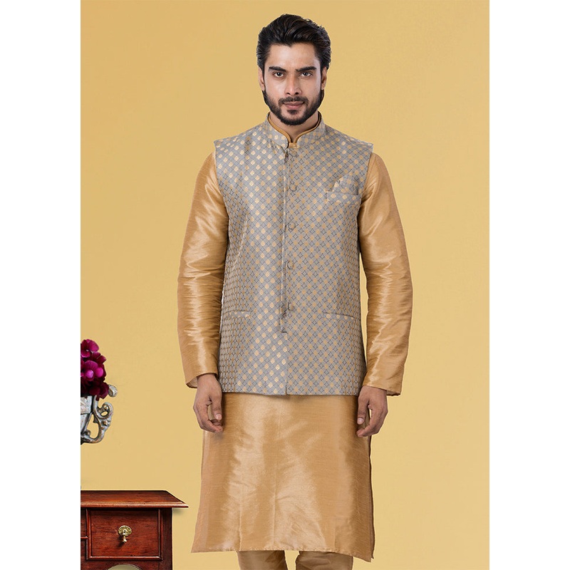 Multicolor Dupion Silk Full Sleeves Mandarin Collar Waistcoat - JD986581578
