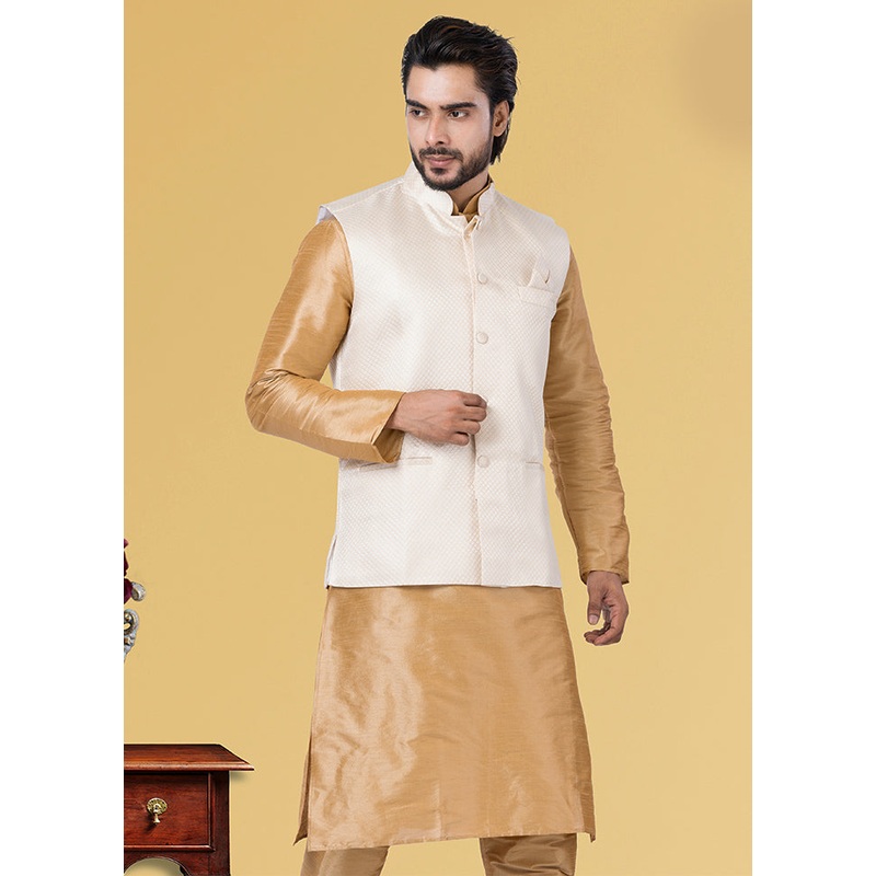 Multicolor Dupion Silk Full Sleeves Mandarin Collar Waistcoat - JD986581579