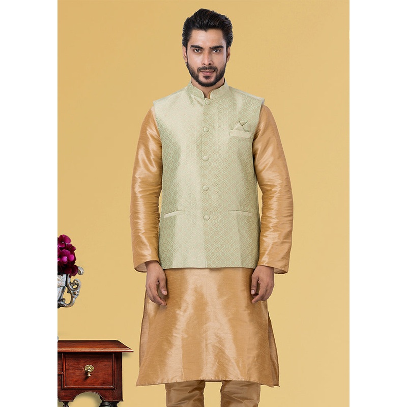Multicolor Dupion Silk Full Sleeves Mandarin Collar Waistcoat - JD986581580