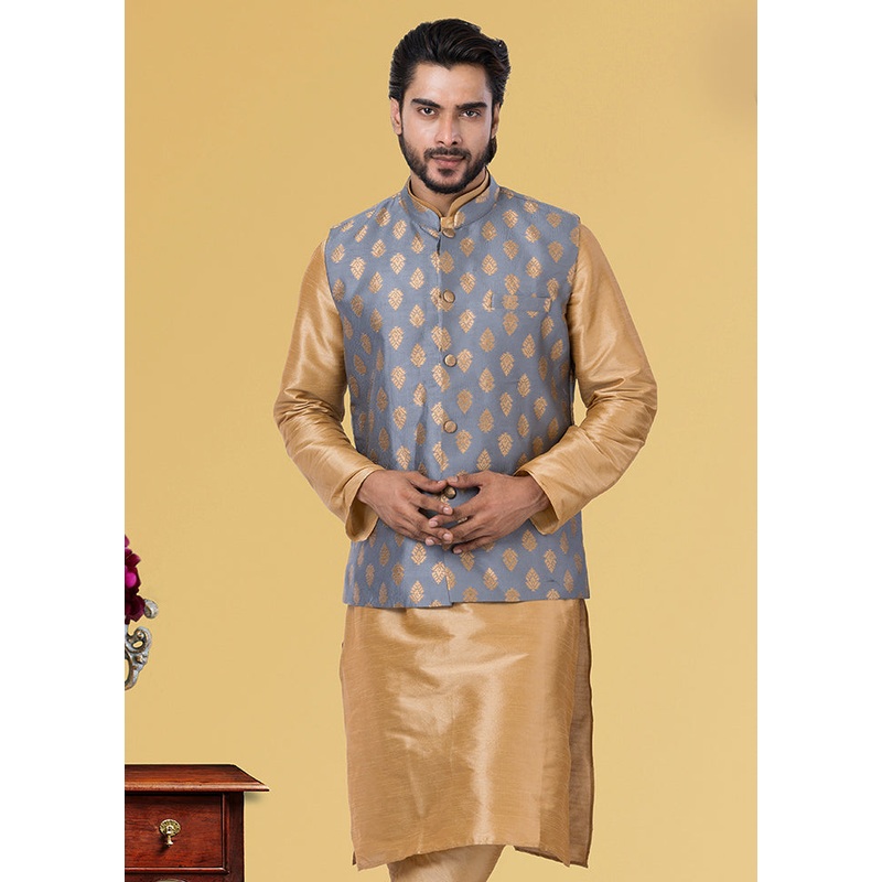 Multicolor Dupion Silk Full Sleeves Mandarin Collar Waistcoat - JD986581581