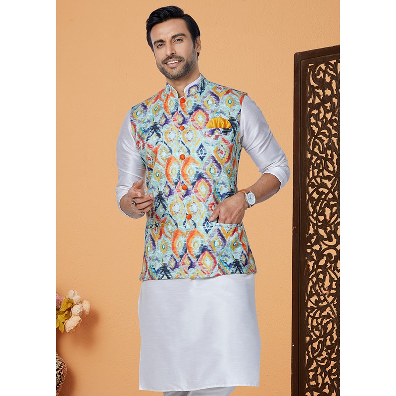 Multicolor Full Sleeves Mandarin Collar Waistcoat - JD986581733