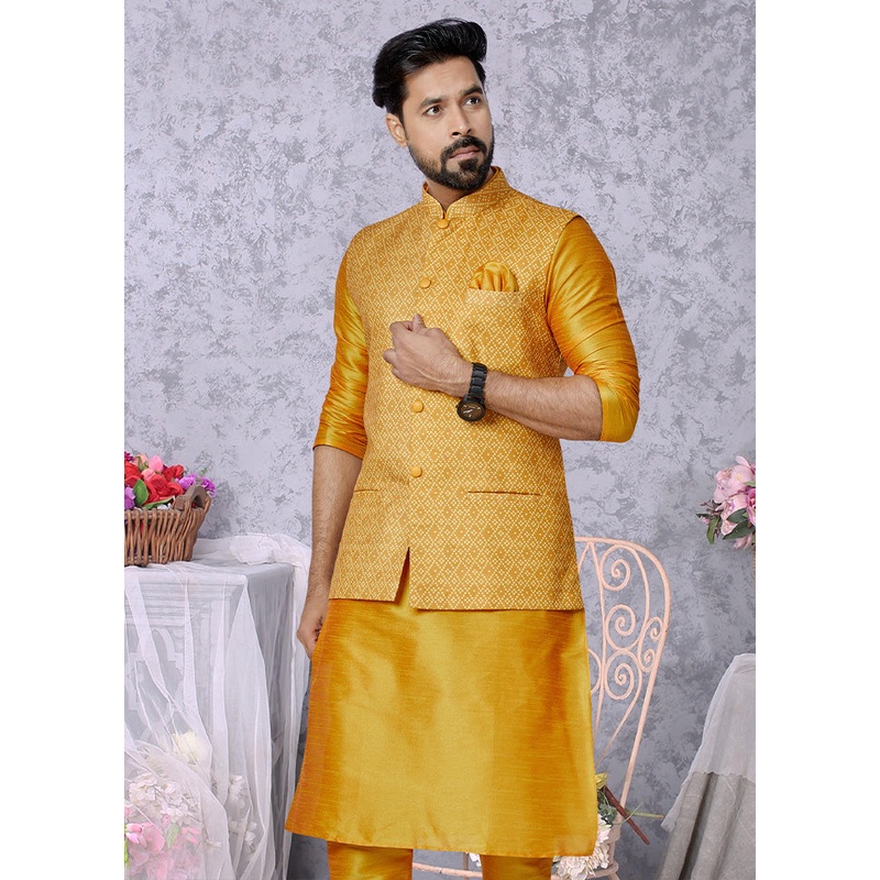Mustard Full Sleeves Mandarin Collar Waistcoat - JD986581725