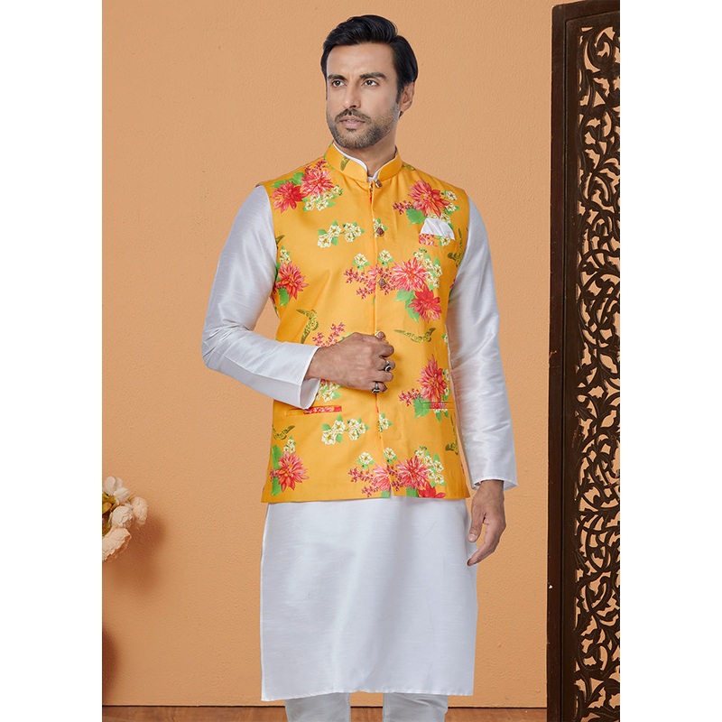 Mustard Full Sleeves Mandarin Collar Waistcoat - JD986581726