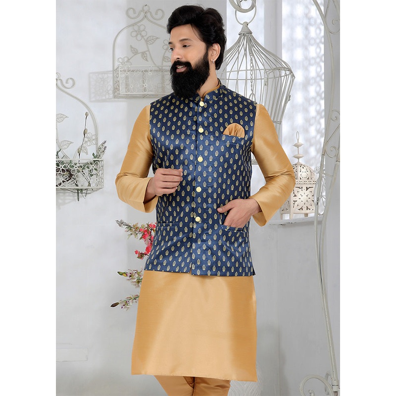 Navy Blue Full Sleeves Mandarin Collar Waistcoat - JD986581721