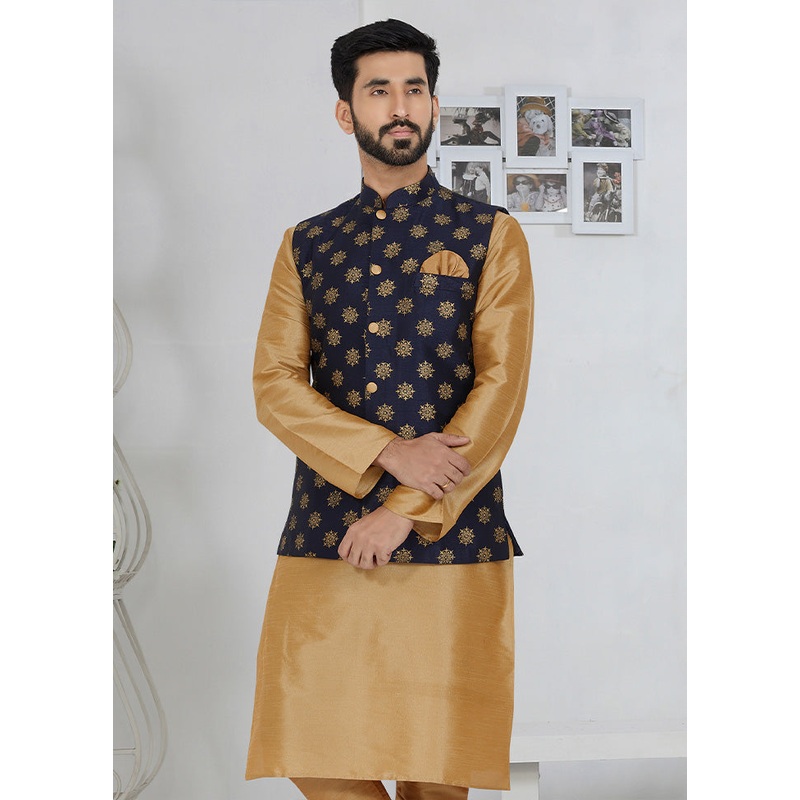 Navy Blue Full Sleeves Mandarin Collar Waistcoat - JD986581722
