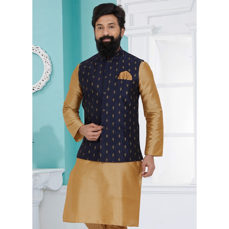 Navy Blue Full Sleeves Mandarin Collar Waistcoat - JD986581723