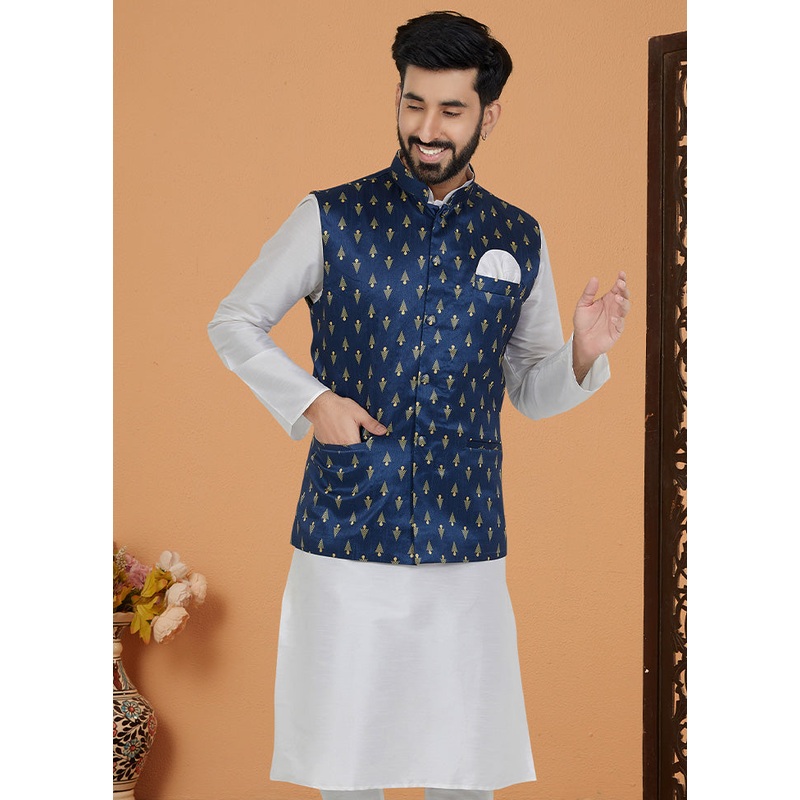 Navy Blue Full Sleeves Mandarin Collar Waistcoat - JD986581724