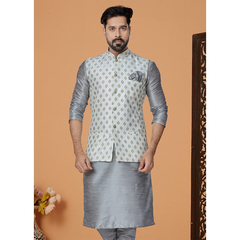 Off White Full Sleeves Mandarin Collar Waistcoat - JD986581720
