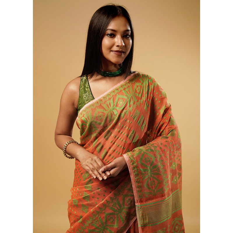 Orange Tant Jamdani Saree Without Blouse Piece - JD986581600