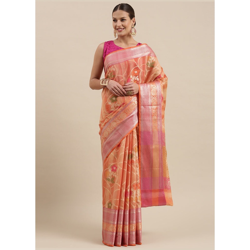Peach Matka Silk Zari Saree Without Blouse Piece - JD986581675