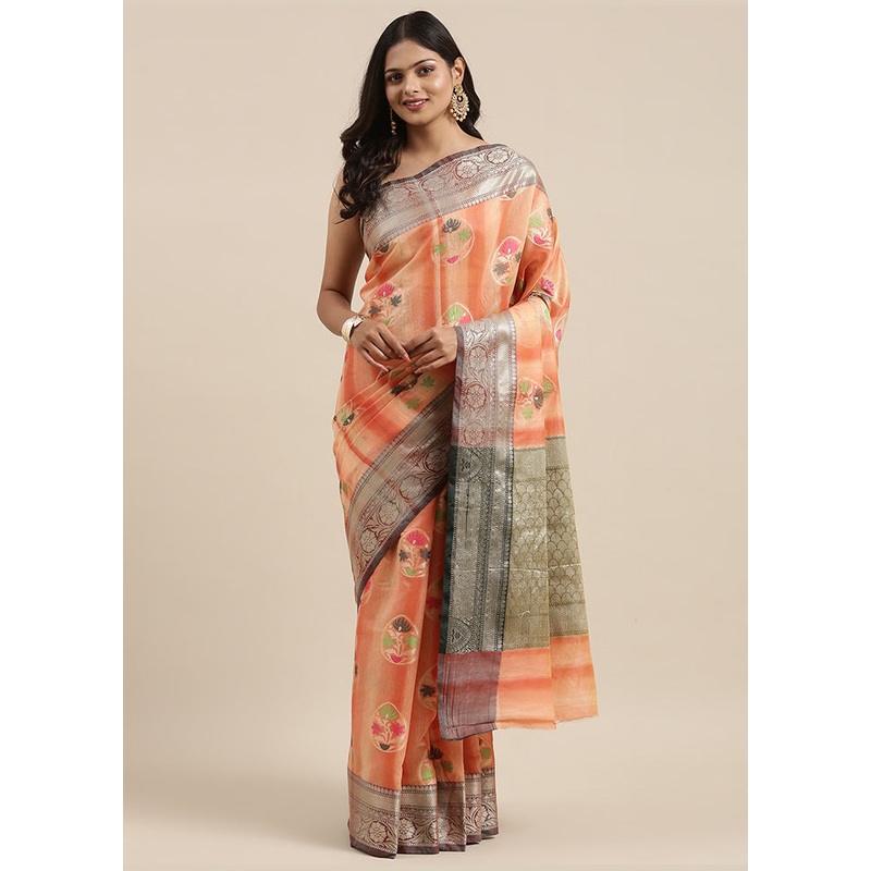Peach Matka Silk Zari Saree Without Blouse Piece - JD986581676