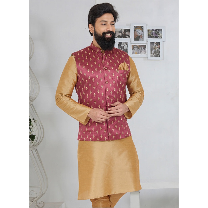 Pink Full Sleeves Mandarin Collar Waistcoat - JD986581716