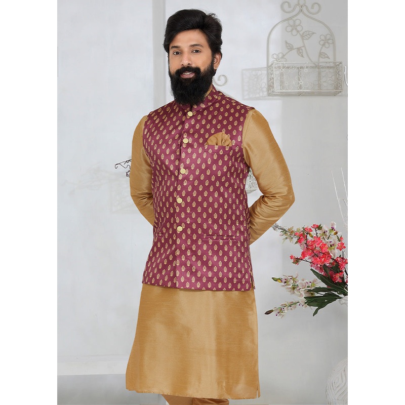 Pink Full Sleeves Mandarin Collar Waistcoat - JD986581717