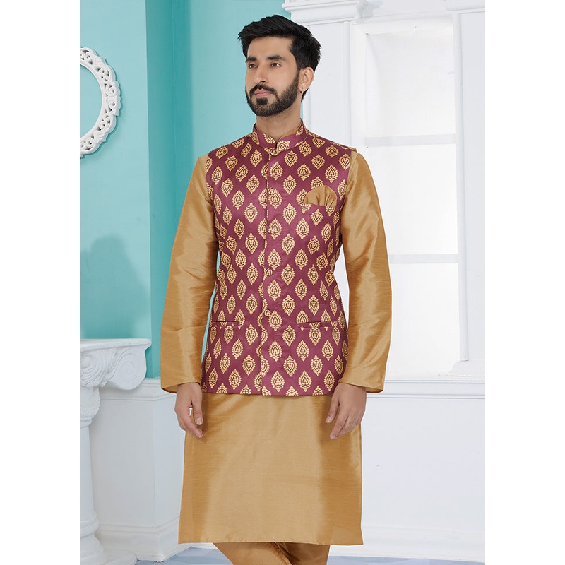 Pink Full Sleeves Mandarin Collar Waistcoat - JD986581718