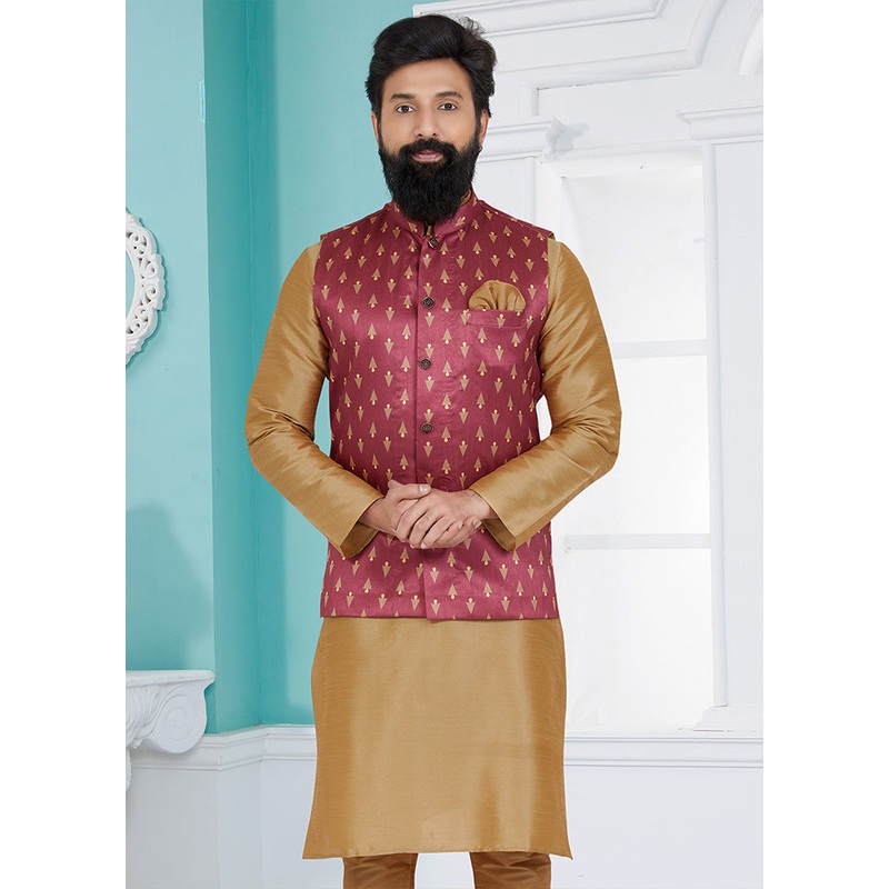 Pink Full Sleeves Mandarin Collar Waistcoat - JD986581719
