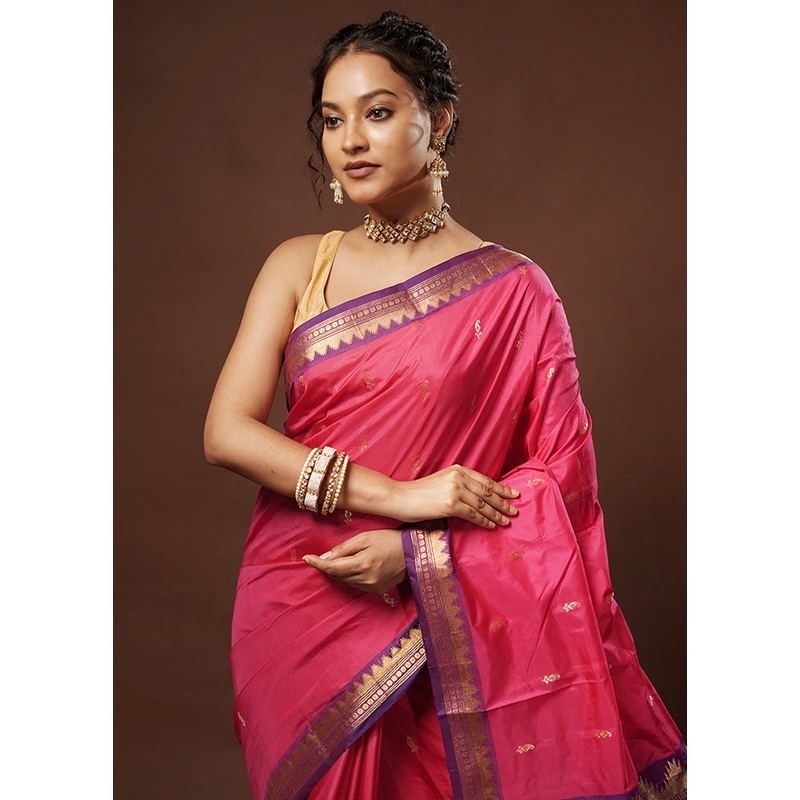 Pink Kanjivaram Silk Saree With Blouse Piece - JD986581599
