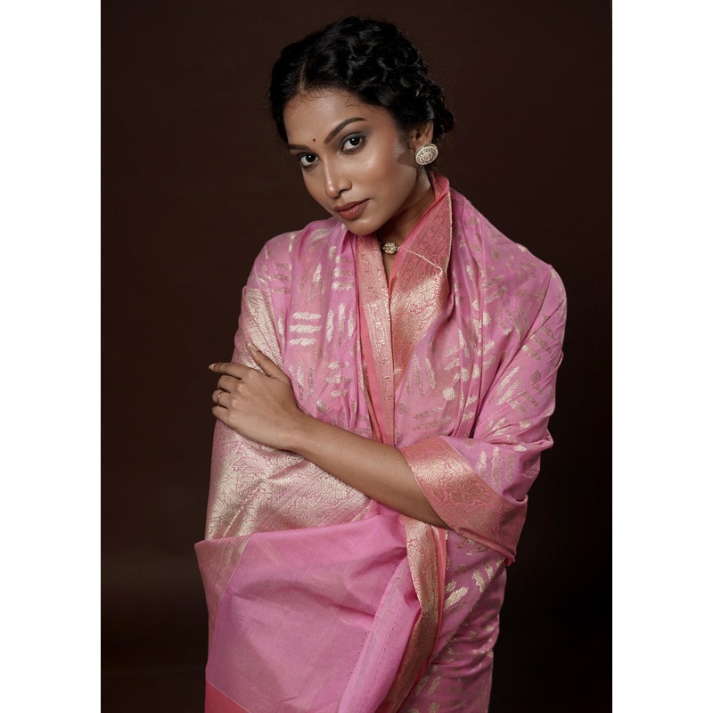 Pink Kora Silk Saree With Blouse Piece - JD986581614
