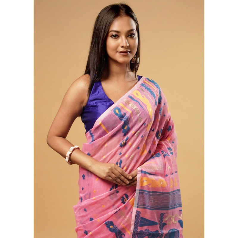 Pink Tant Jamdani Saree Without Blouse Piece - JD986581598
