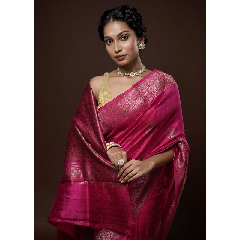 Pink Tussar Pure Silk Saree With Blouse Piece - JD986581613