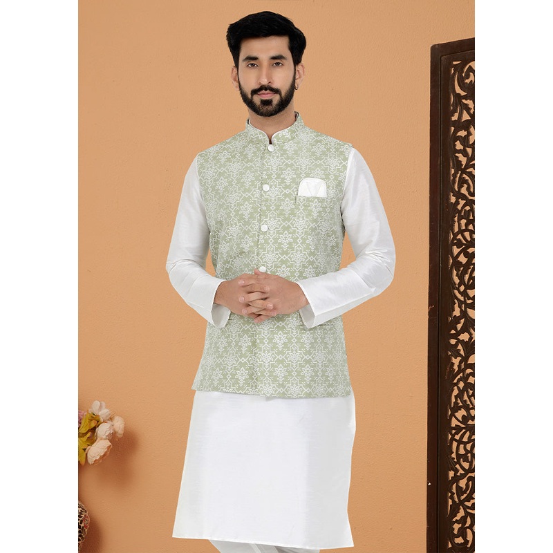 Pista Green Full Sleeves Mandarin Collar Waistcoat - JD986581713