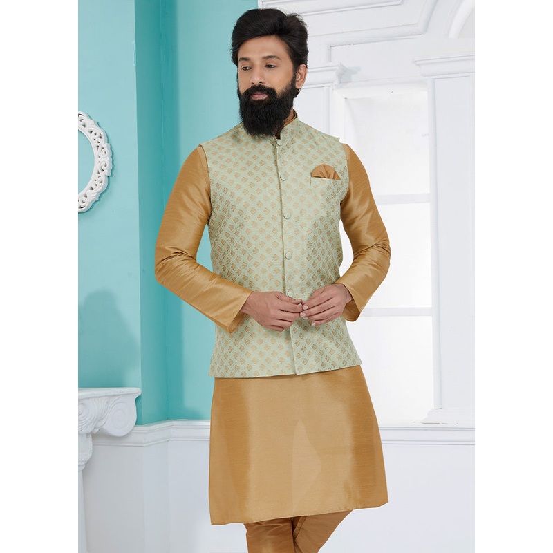 Pista Green Full Sleeves Mandarin Collar Waistcoat - JD986581714
