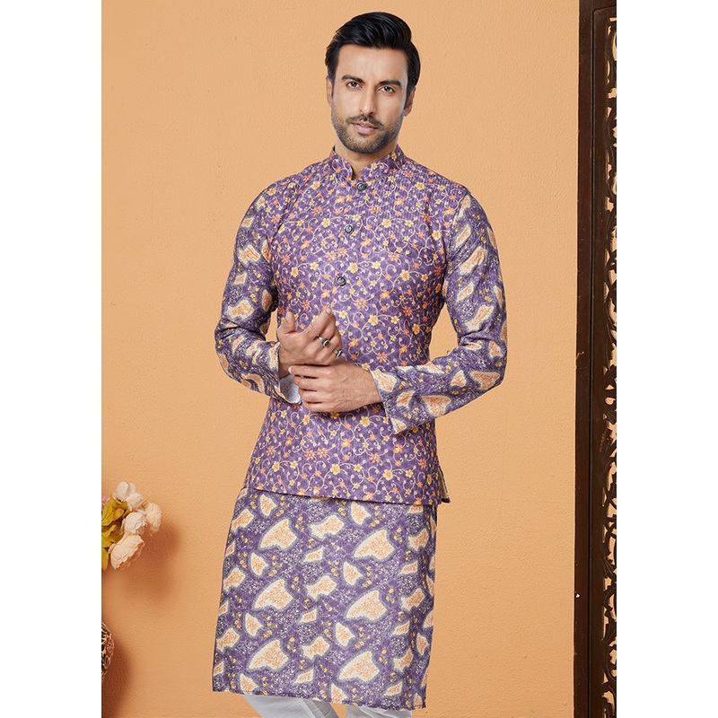 Purple Full Sleeves Mandarin Collar Waistcoat - JD986581711