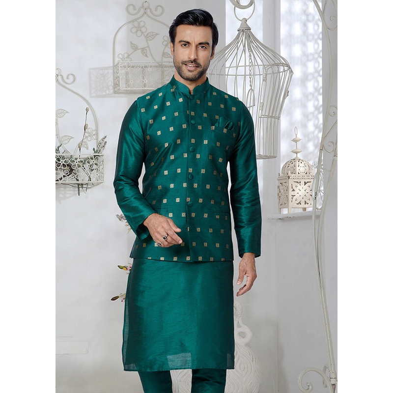 Rama Green Full Sleeves Mandarin Collar Waistcoat - JD986581707