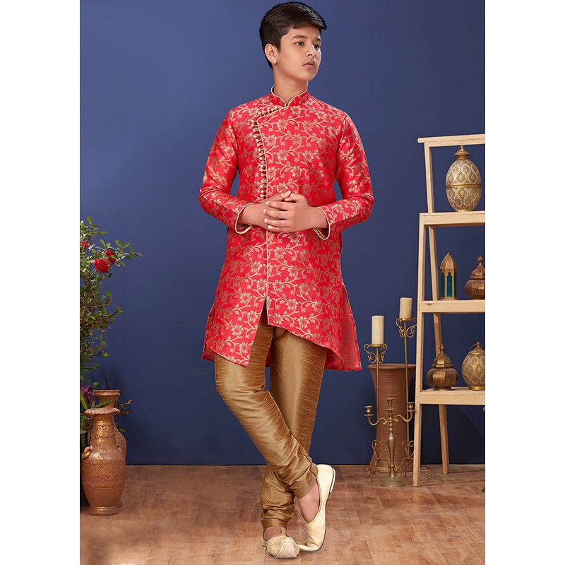 Red Zari Woven Kurta Pajama Set - JD986581593