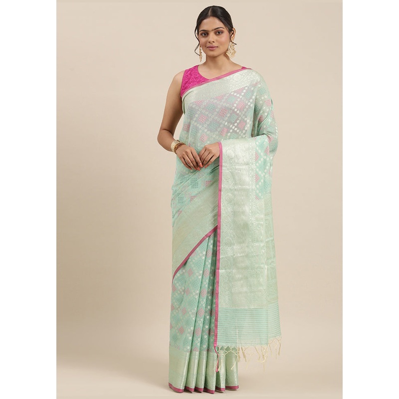 Sea Green Cotton Zari Saree Without Blouse Piece - JD986581672