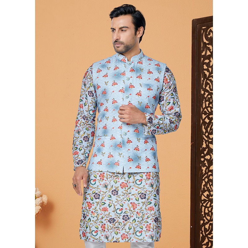 Sky Blue Full Sleeves Mandarin Collar Waistcoat - JD986581706