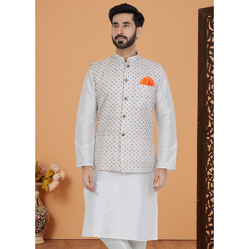 White Full Sleeves Mandarin Collar Waistcoat - JD986581699