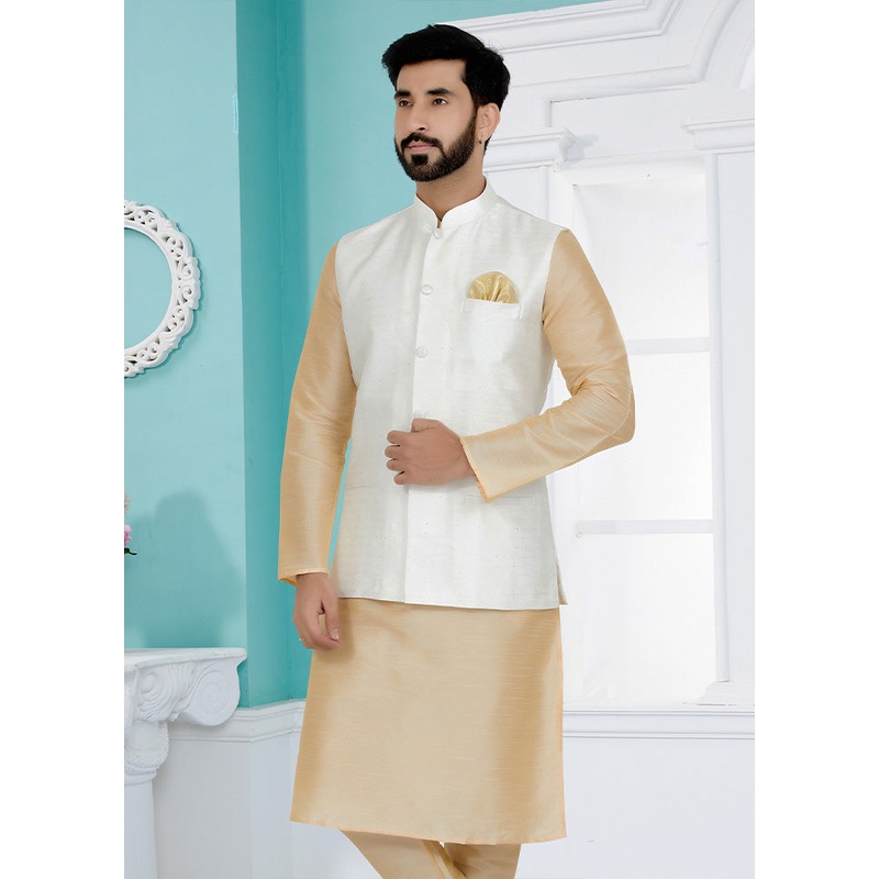 White Full Sleeves Mandarin Collar Waistcoat - JD986581700