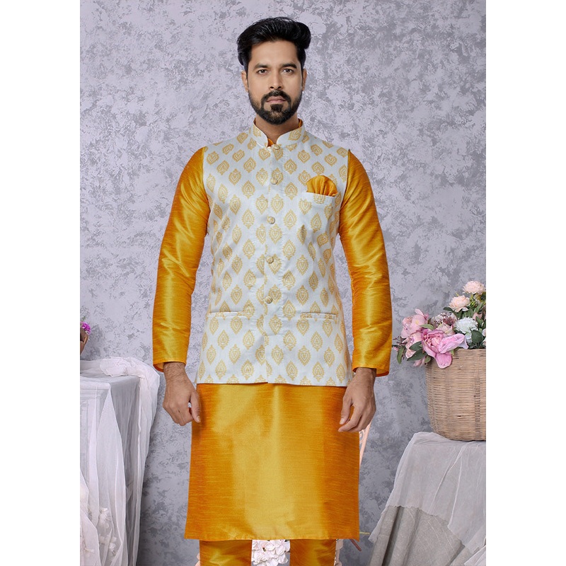 White Full Sleeves Mandarin Collar Waistcoat - JD986581701