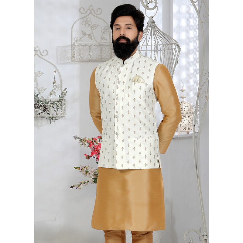 White Full Sleeves Mandarin Collar Waistcoat - JD986581702