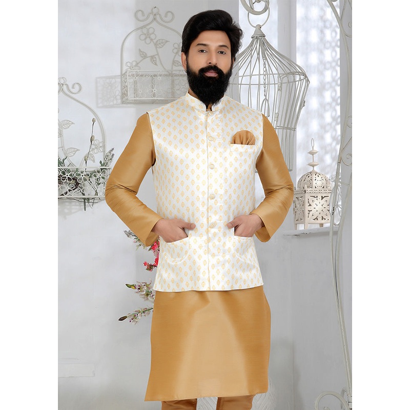 White Full Sleeves Mandarin Collar Waistcoat - JD986581703