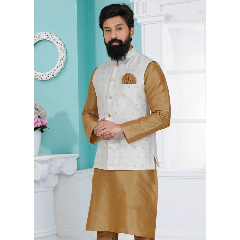 White Full Sleeves Mandarin Collar Waistcoat - JD986581704