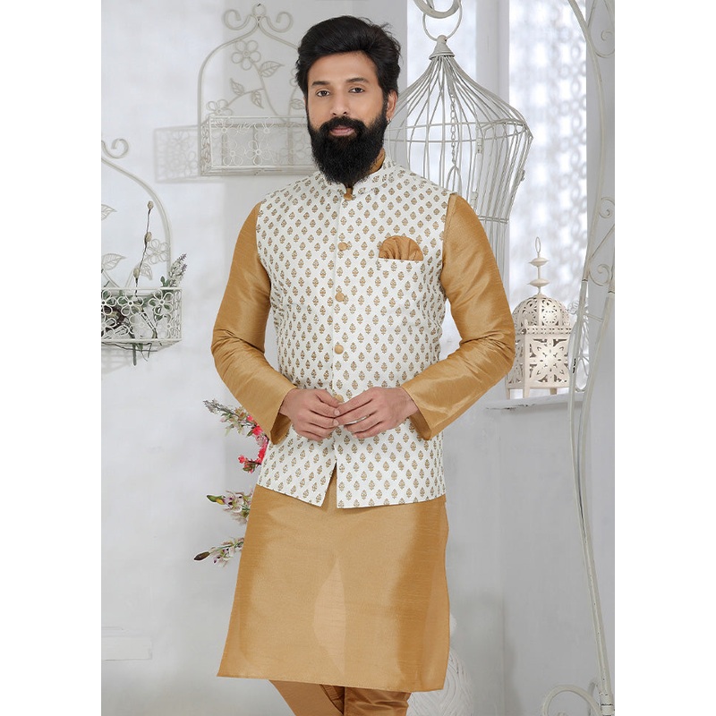 White Full Sleeves Mandarin Collar Waistcoat - JD986581705