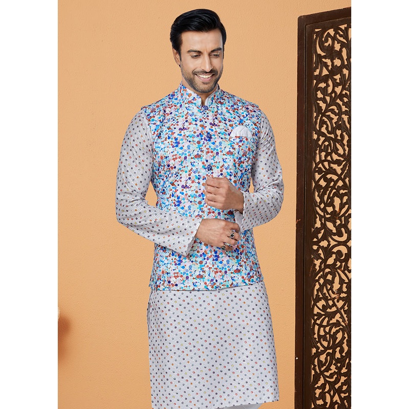 White Full Sleeves Mandarin Collar Waistcoat - JD986581727